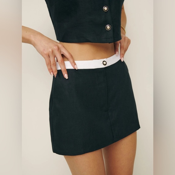 NEW Reformation Roxy  Linen Two Piece Skort in Black White Contrast | size 2 - Picture 2 of 11